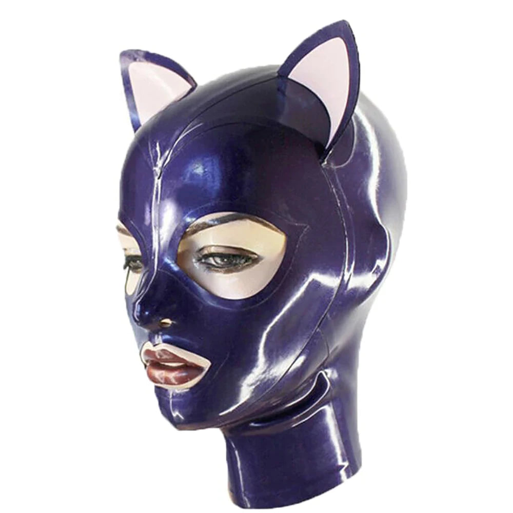 Adult Latex Hood Mask with Pink Cat Ears Back Zipper Rubber Head Mask Pretty Women Cosplay Costumes Props