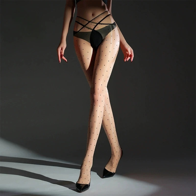ASHBURN™ 1D Glossy Cross Thigh High Stockings – Ultra Thin, Four-Side Open Crotch Tights
