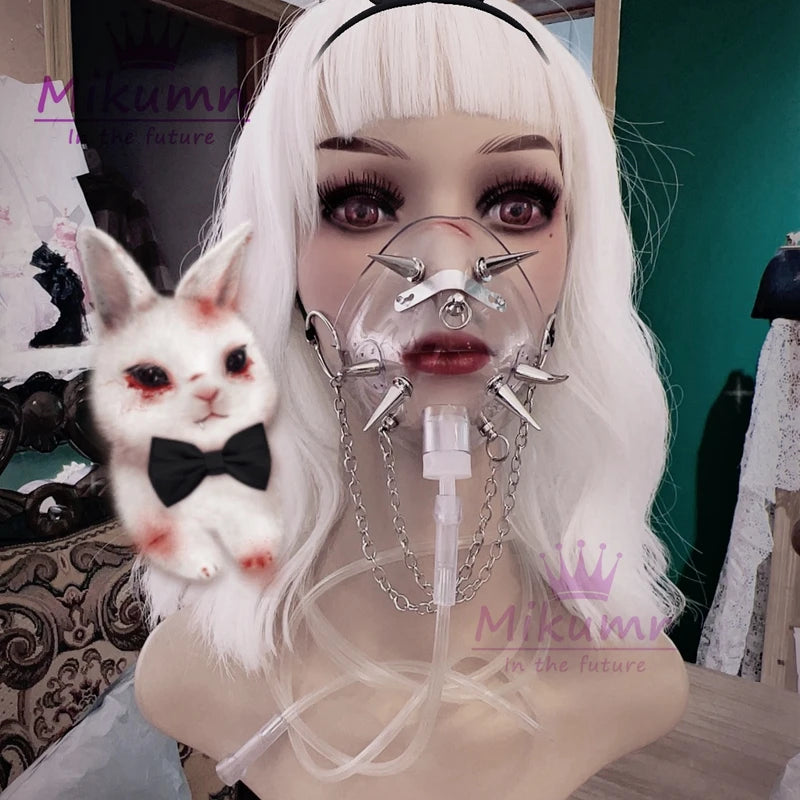 Cyberpunk Harajuku Gothic Grunge Rivets Metal Chain PVC Mask Y2k Punk Cosplay Transparent Breath Masks Chic Party Accessory