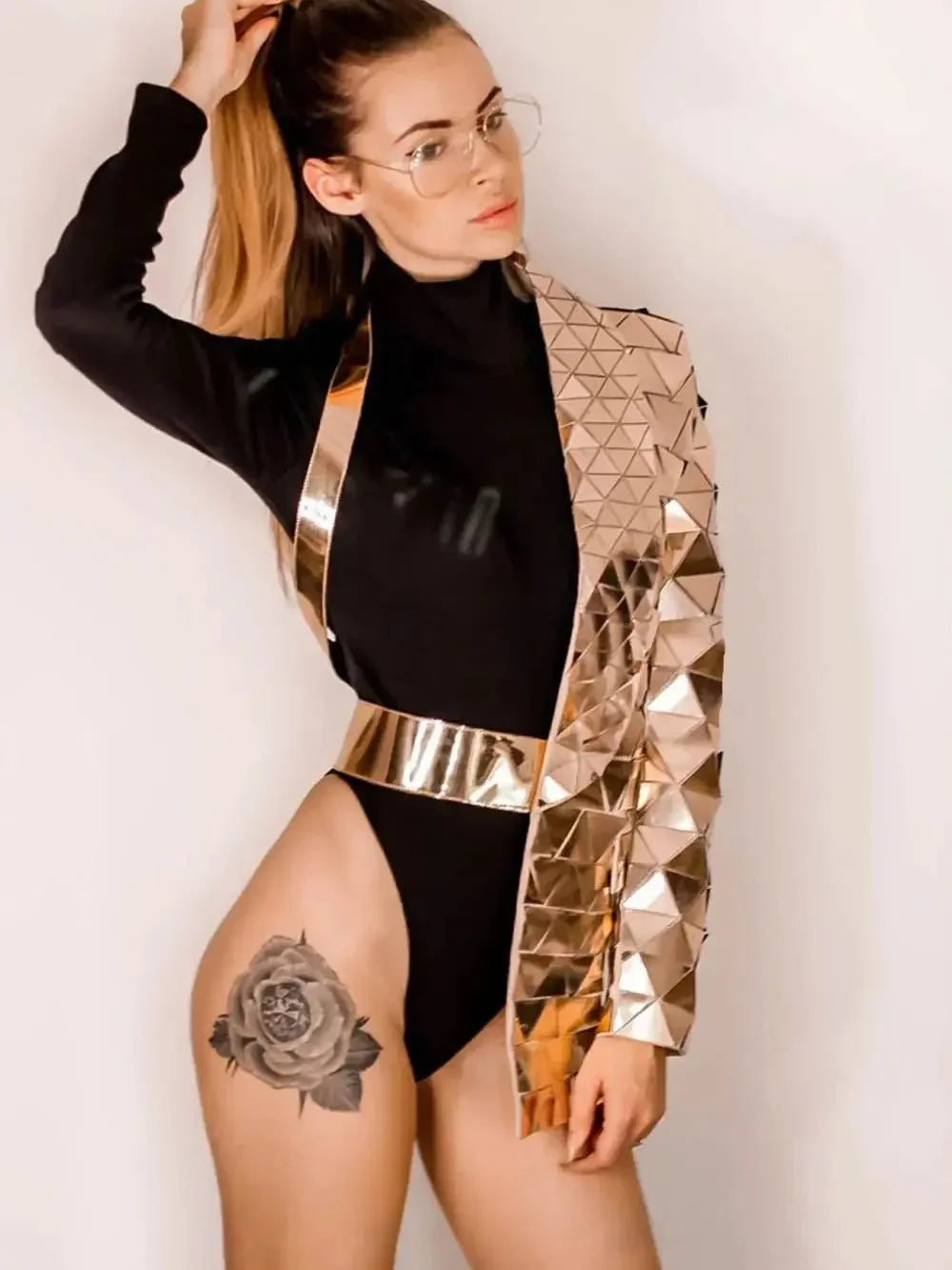 One Sleeve Geometric Sequin Jacket-Gold Bandage Half Coat Nightclub Evening Jacket Outerwear Spring Asymmetric Fashion Top 2024