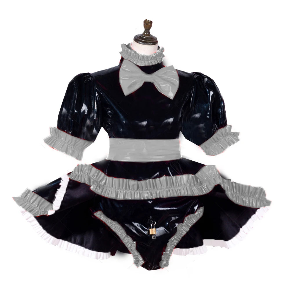 lockable dress Role Play Maid Dress with Apron Lockable Panties French Sissy PVC Short Sleeved Dress Lockable Uniform XS-7XL