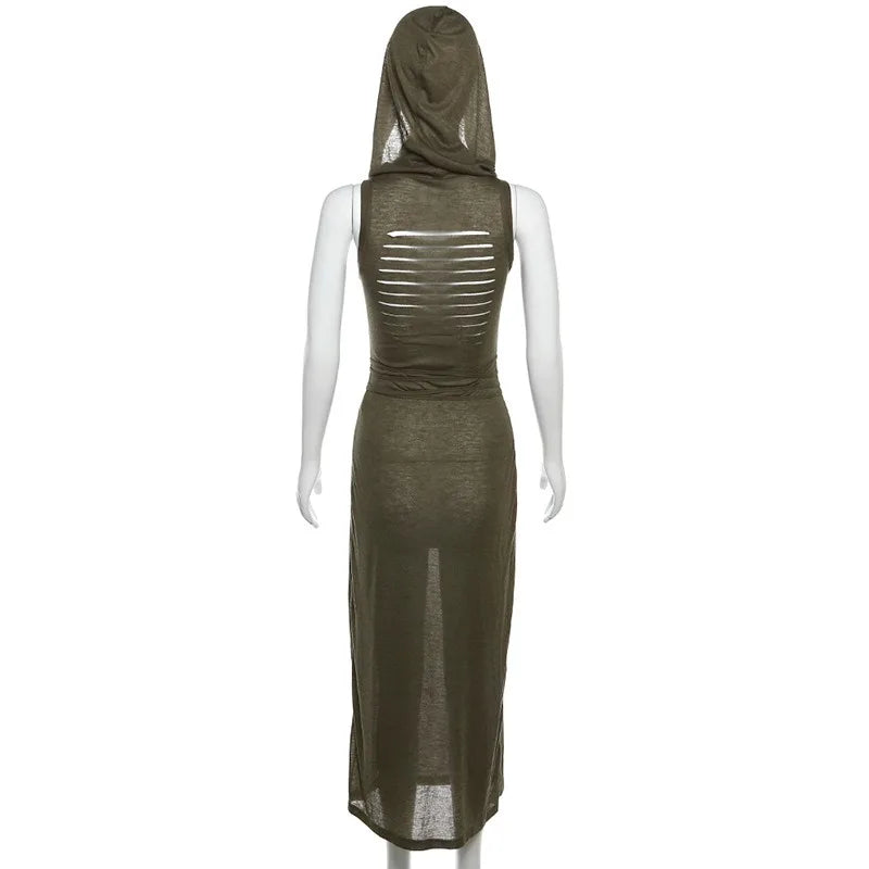 2025 Women's Goth Dark Cyber Gothic Hooded Dresses Y2k Punk Grunge Hollow Out Midi Dress Vintage Sexy Split Side Bodycon Dress