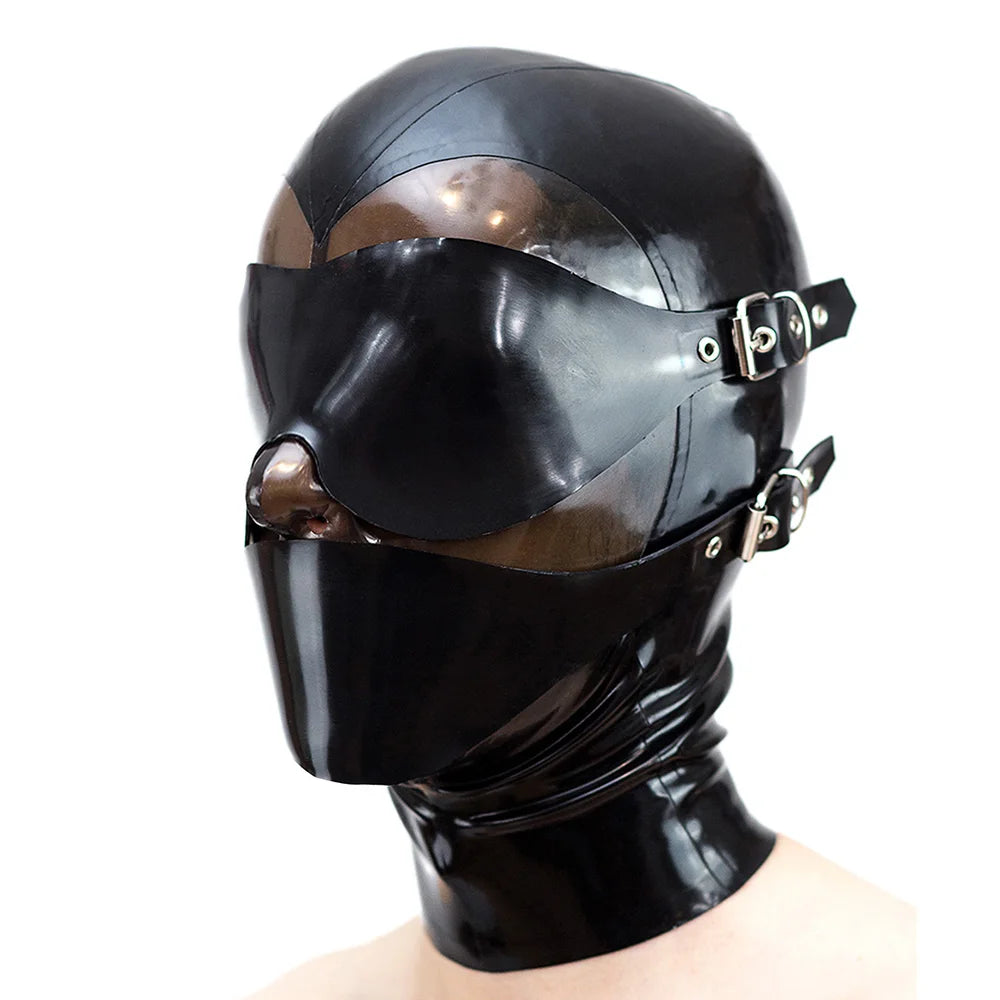 Latex Mask Rubber Hood Cosplay Headgear with Detachable Blindfold and Mouthfold Back Zip Handmade S-LM314