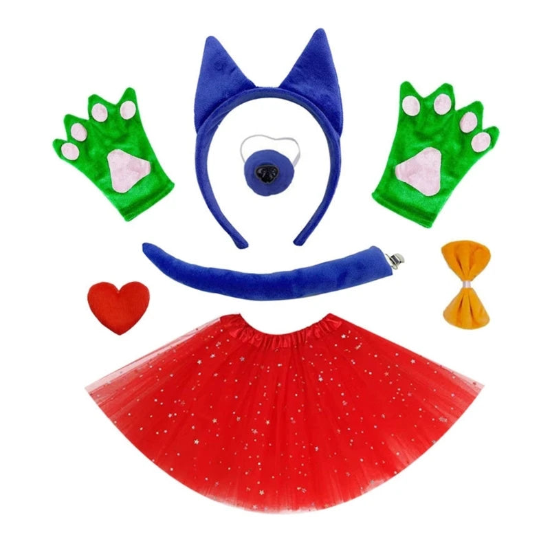 1SET Sheepdog Costume for Kids Adults Halloween Cosplay Includes Headband Nose Tail Bowtie Skirt Stocking Gloves Glasses