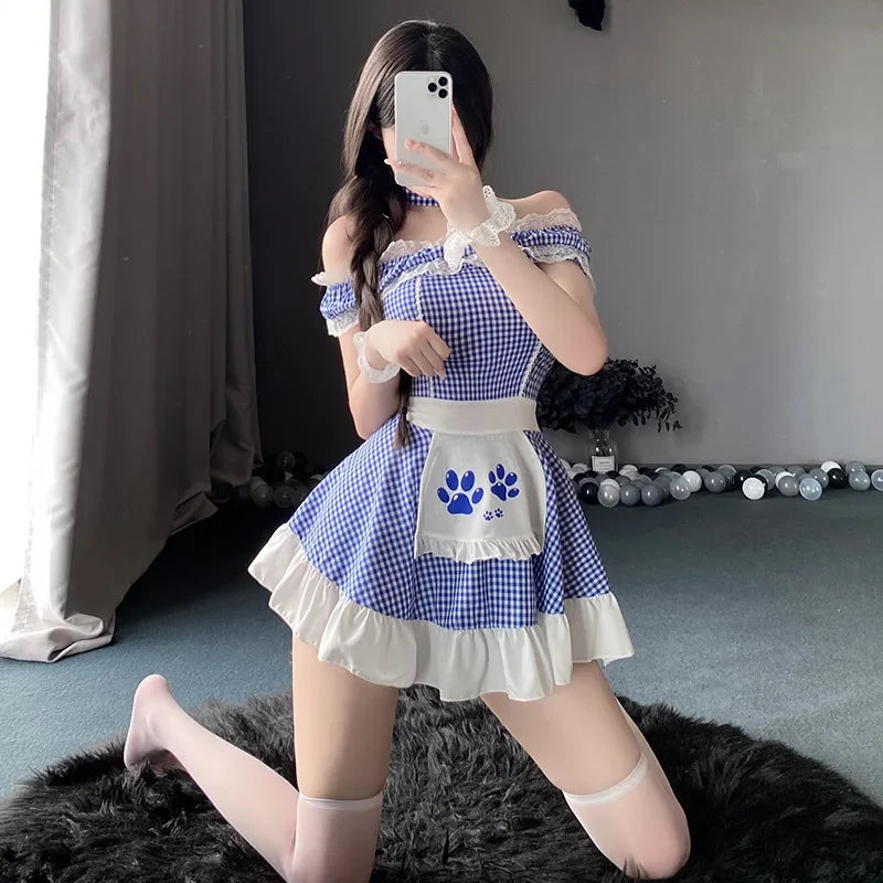 Cute Waiter Roleplay Costumes Lolita Blue Plaid Dress Cosplay Maid Uniform Women Kawaii Servant Outfits Passion Lingerie Pajamas