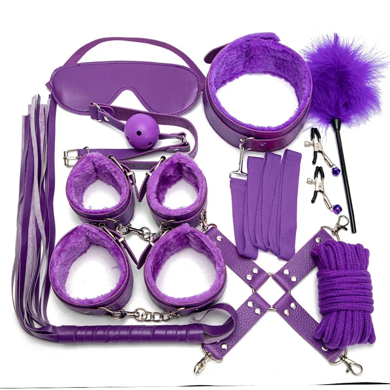 BDSM Kits Sexy Leather Plush Sex Bondage Set Handcuffs Sex Games Whip Gag Nipple Clamps Sex Toys For Couples Exotic Accessories