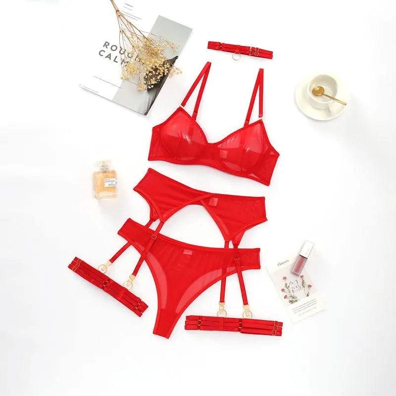 Ashburn Sexy Erotic Lingerie Underwear Bra Garters Brief Sets -multiple colors Women's Transparent Lace Seamless Mesh See-through Underwear New