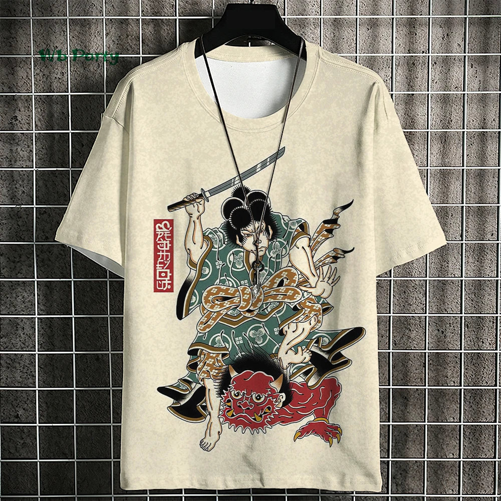 Japanese Samurai Pattern Men's T-Shirt 3D Ukiyo-E Print Short Sleeve T-Shirt Oversized Harajuku Top Summer Men's Casual Clothing
