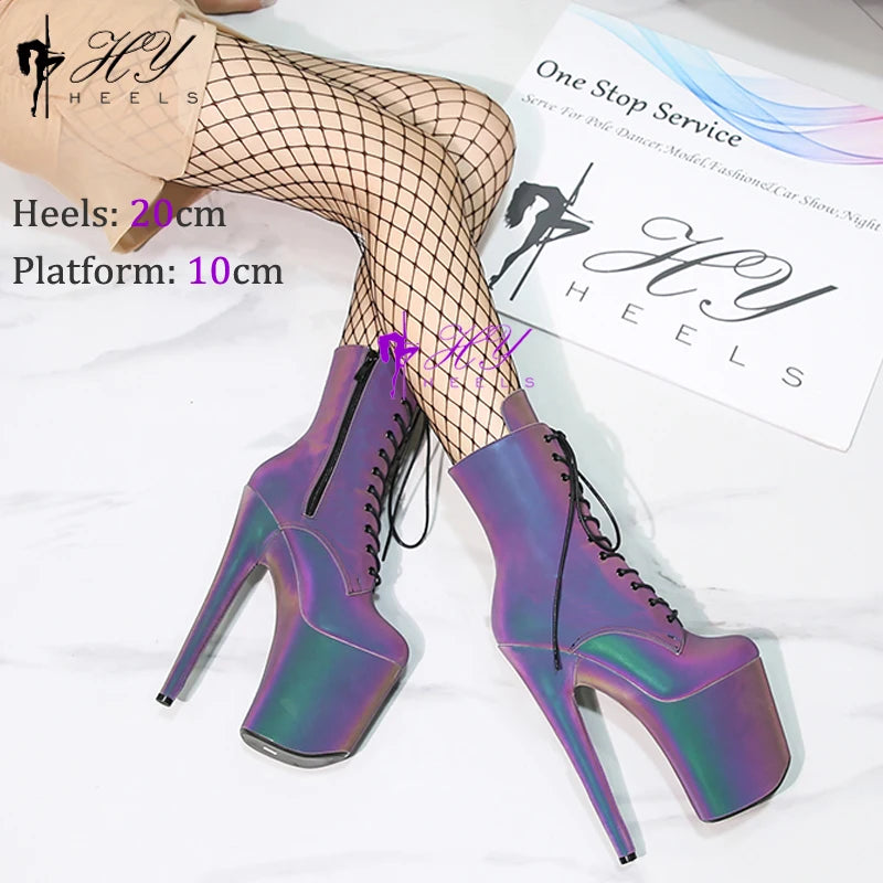 Silver Luminous 20CM/8Inch Exotic Pole Dancing Boots Night light Holographic Reflective Stripper Platform Party High Heels Shoes