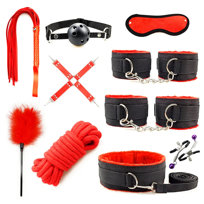 Adult Products Sextoy BDSM Bondage Set Handcuffs Whip Anal Plug Collar Gag Rope Leather Restraint Kits Sex Toys for Couples
