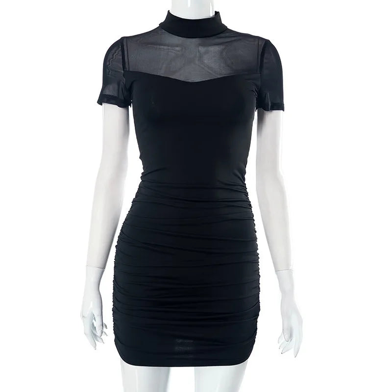 Goth Dark Mall Goth Mesh Patchwork Short Sleeve Mini Dress Cyber Y2K Half High Pleat Bodycon Dresses Women Slim Techwear
