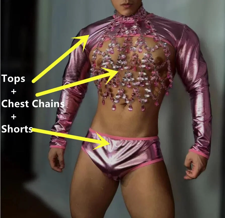 Male Pink Rabbit Masks Rhinestones Chest Chains Sexy Stage Rave Outfits Gogo Dancer Team Nightclub Bar Performance Dance Costume