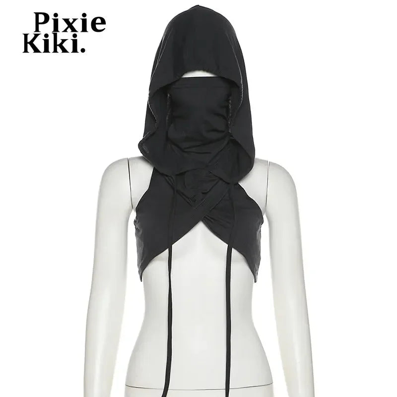 PixieKiki Hooded Cross Crop Top Rave Clothes Y2k Women Streetwear Sexy Clubbing Irregular Tank Tops P71-CZ17