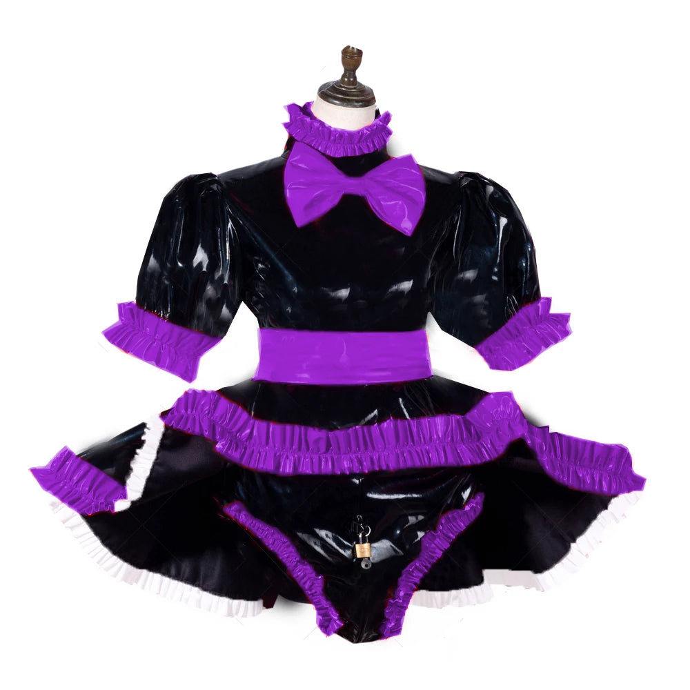 lockable dress Role Play Maid Dress with Apron Lockable Panties French Sissy PVC Short Sleeved Dress Lockable Uniform XS-7XL