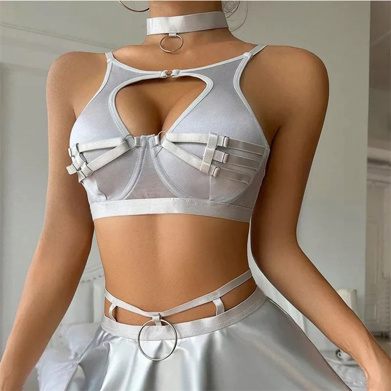 Toucheart Lace Sexy Black Bra Underwear Set For Women Solid Color Leather Solid Color Low Cut Hollow Out Sexy Apron Underwear