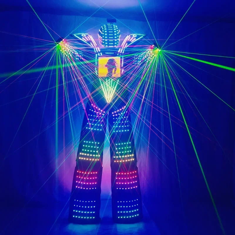 LED Robot Stilt Walking Costume Clothes Luminous Suit Jacket Chest Display Helmet Laser Gloves Party Stage Performance Costumes
