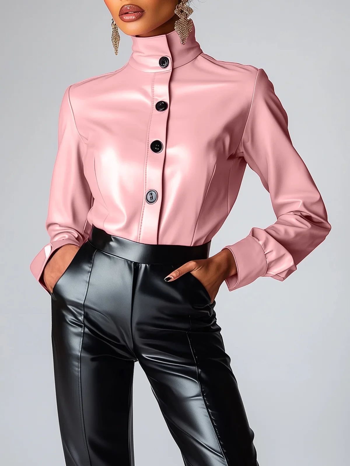 ASHBURN™ Femme High Neck PU Leather Blouse – Command Cut