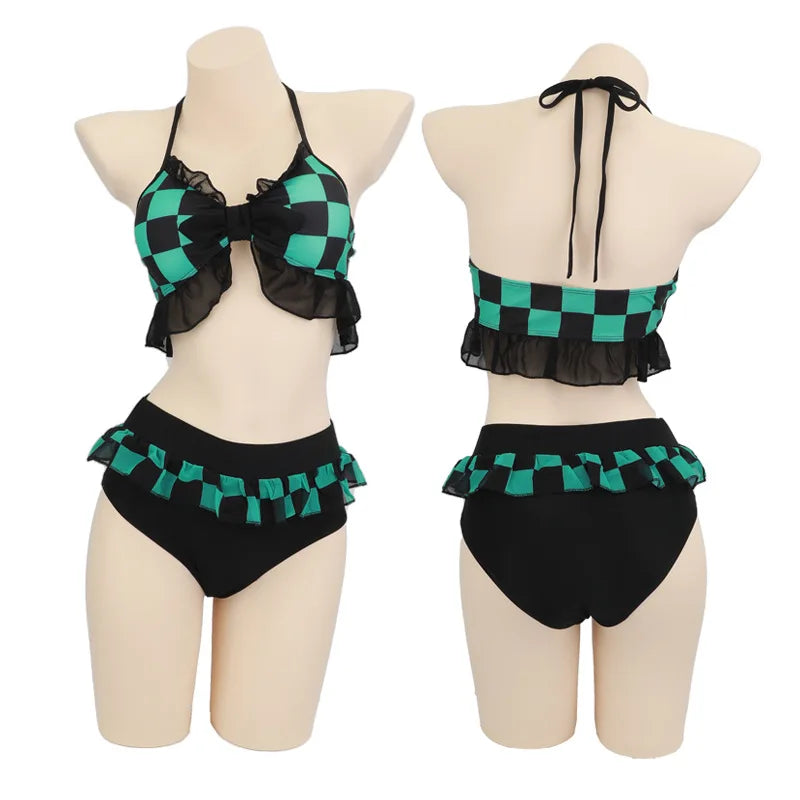Anime Demon Slayer Kamado Tanjirou Cosplay Costume Nezuko Zenitsu Bikini Beach Halloween Summer Split Swimsuit Set