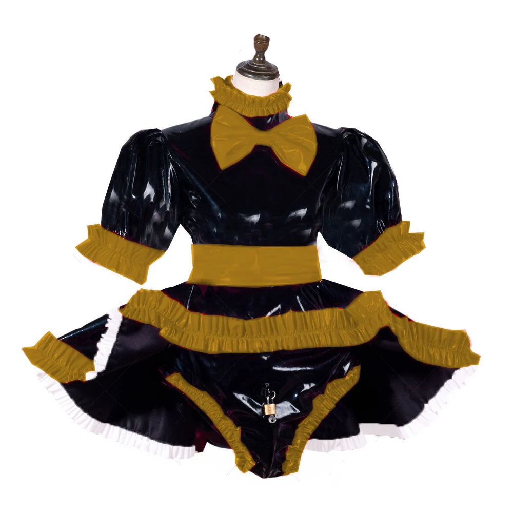lockable dress Role Play Maid Dress with Apron Lockable Panties French Sissy PVC Short Sleeved Dress Lockable Uniform XS-7XL