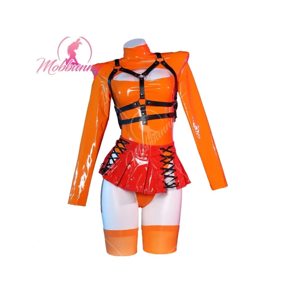 Women Velma Cosplay Costume Women Lingerie Orange Chest Open Bodysuit and Lace-up Mini Skirt with Socks