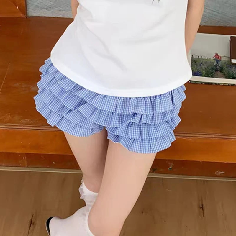 Lolita Cosplay Costume Y2K Vintage Plaid Print Bloomers Pants Cutest Layered Ruffles Shorts Women Low Waist Pumpkin Shorts