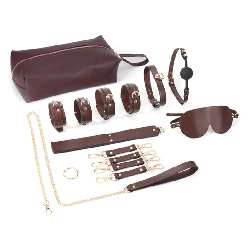 Adult Bed Game Set Safety Pu Leather Womens Mens Comfortable Bondage Romance BDSM Sexx Long Chain Mouth Ball