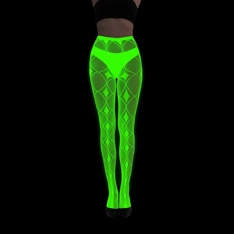Women Glow in Dark Halloween Fishnet Pantyhose Luminously Spiderweb Skull Pattern Mesh Tights Stockings Party Hosiery