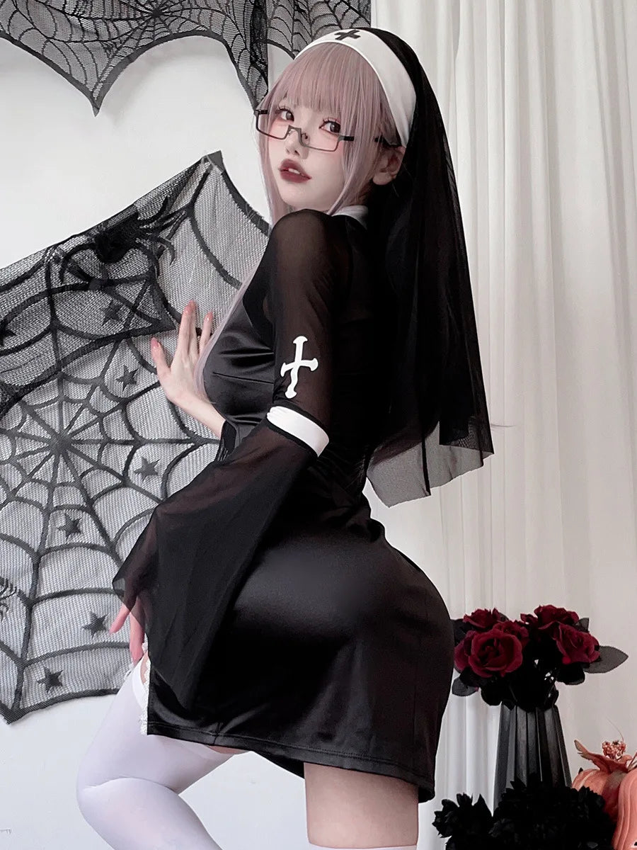 Halloween Sexy Nun Cosplay Costume Vampire Cross Dark Gothic Style Black Nun Dress With Headwear Carnival Roleplay Clothes