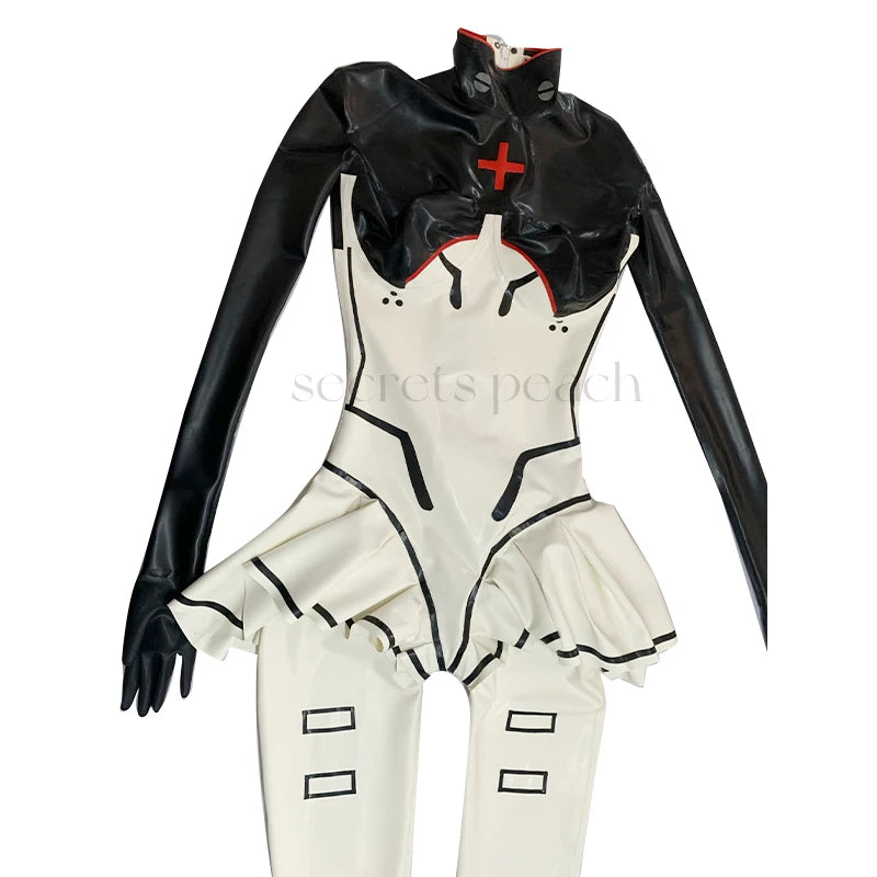 Latex Catsuit Cosplay Nun Latex Fullbody Suit With Zipper With Lace Latex Lolita Catsuit CUSTOMIZED