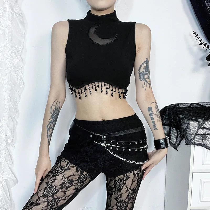 Goth Dark Cyber Y2K Skinny Turtleneck Tank Top Sexy Moon Chain Tassel Sleeveless Crop Tops Gothic Women Punk Streetwear Alt Vest