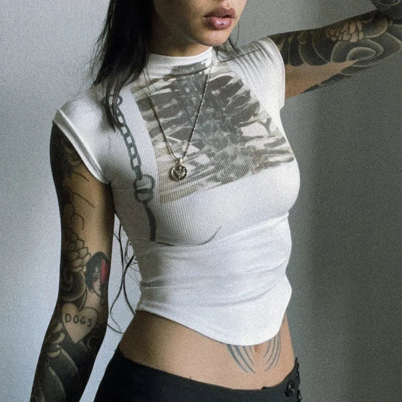 Goth Dark Streetwear Tees Chic Print Half High Neck Crop Tops Cyber Y2K Slim T-shirts Gothic E-girl T-shirt Women Casual Blouse