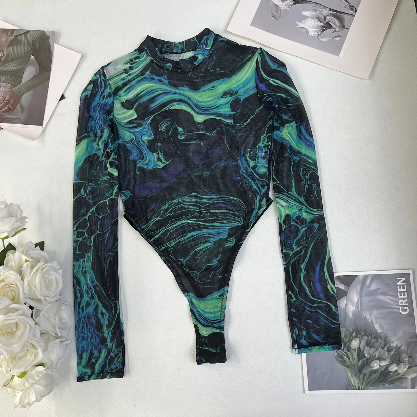 Sexy High Fork Tie Dye Print Bodysuit Women Long Sleeve Cyber Body T-Shirt Game Cosplay Jumpsuit Costume Mesh Transparent