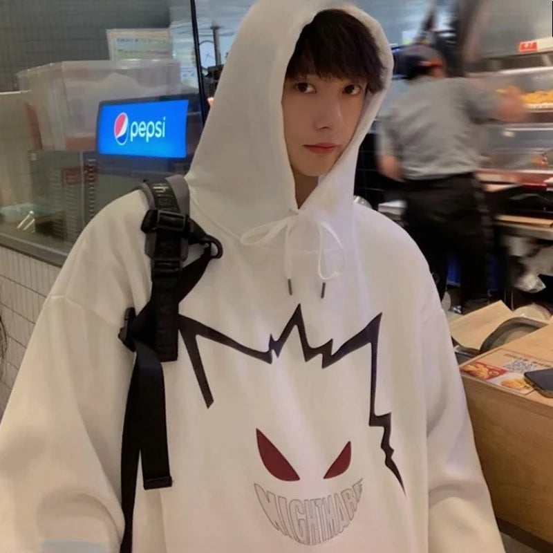 【 M-8XL Hoodie 】 Men Oversized Pullover Hoodie Fashionable Loose Japanese Anime Pok É Mon Baby Genghis Ghost Print Couple Outfit