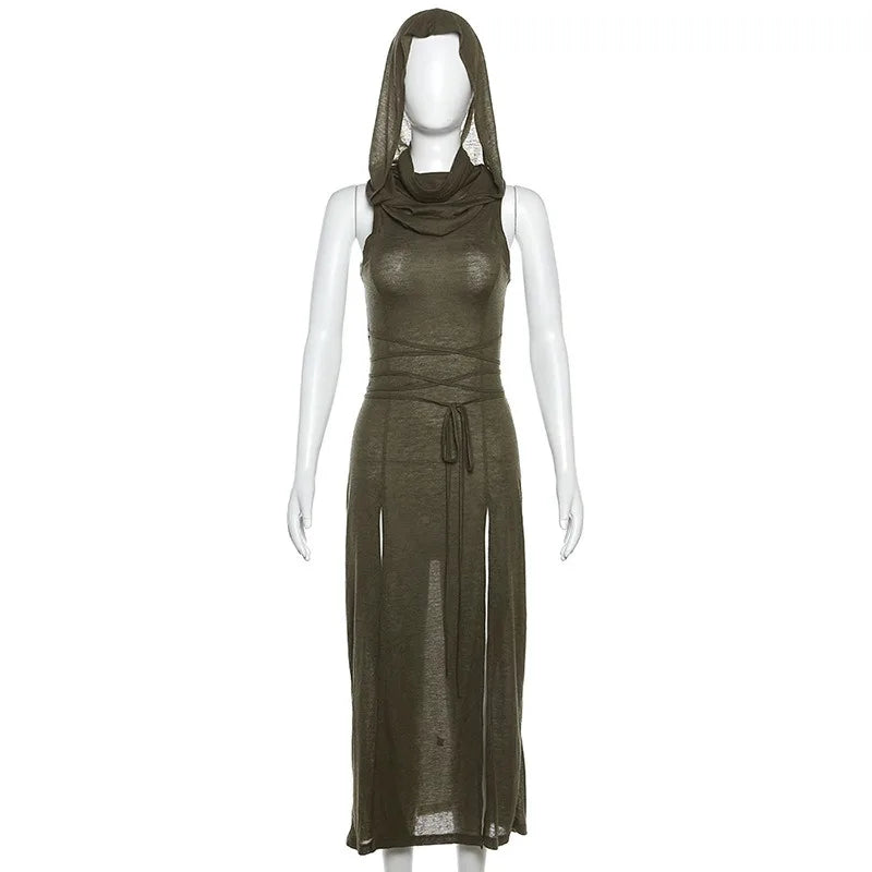 2025 Women's Goth Dark Cyber Gothic Hooded Dresses Y2k Punk Grunge Hollow Out Midi Dress Vintage Sexy Split Side Bodycon Dress