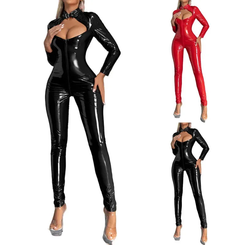 2025 New Zipper Sexy Open Crotch Faux Leather Bodysuit Women Erotic Lingerie Crotchless Teddy Latex Catsuit Lad A Loving Family