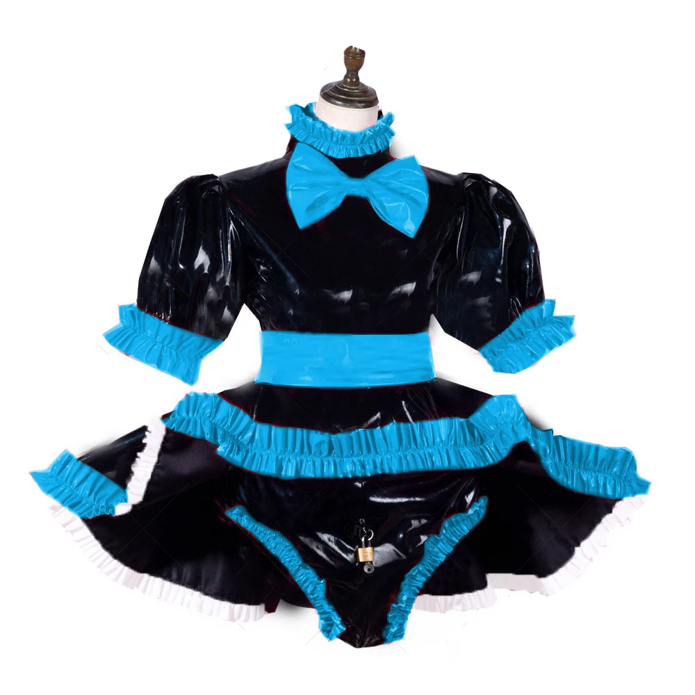 lockable dress Role Play Maid Dress with Apron Lockable Panties French Sissy PVC Short Sleeved Dress Lockable Uniform XS-7XL