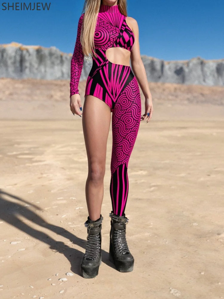 Colorful Irregular Art Striped Jumpsuit Women's Cyberpunk Role Play Costume Halloween Personality Half-sleeve Performance Tights