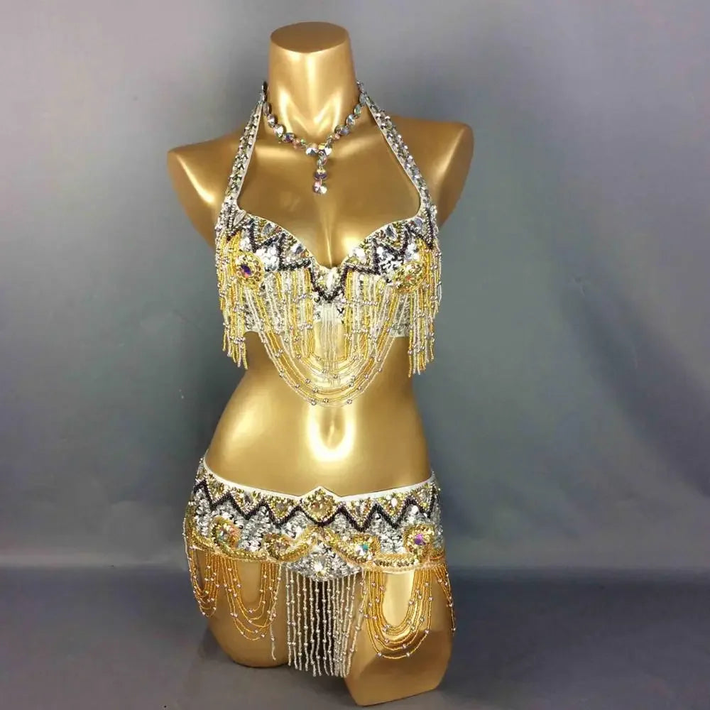Sexy Belly Dance Costume Set Bra + Belt 2 Piece Set Belly Dancing Costume for Women's 34D/DD,36D/DD,38/D/DDD,40B/C/D,42D/DD