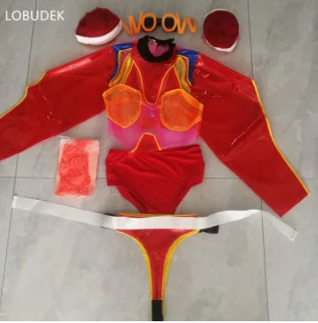 Nightclub Bar Female Singer DJ Gogo Dance Costumes Red Transparent Bodysuit Future Technology Sexy Stage Performance Clothes