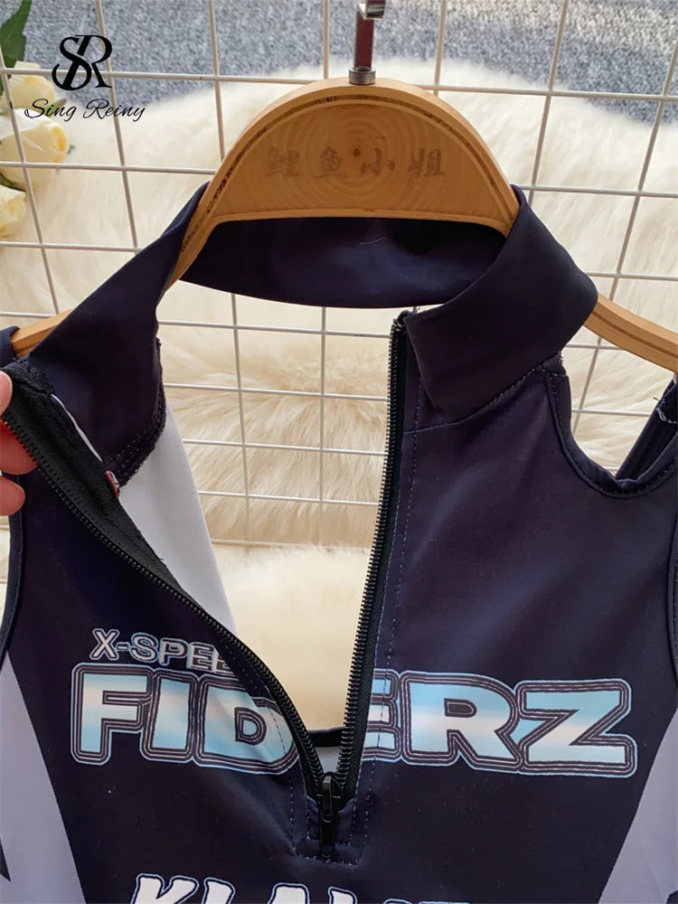 SINGREINY Female Sensual Letter Print Bodysuits Open crotch Sheath Playsuits Fashion Hollow Out Backless Lace Up Sexy Rompers