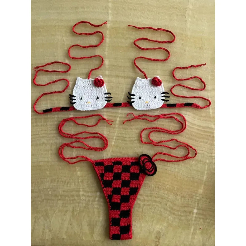 Cute Crochet Bikini Set 2 Pieces Lady's Bathing Suits Sexy Micro Bikinis Ties Swimsuit Thong Swimwear Kwaii Womens Swimming Suit