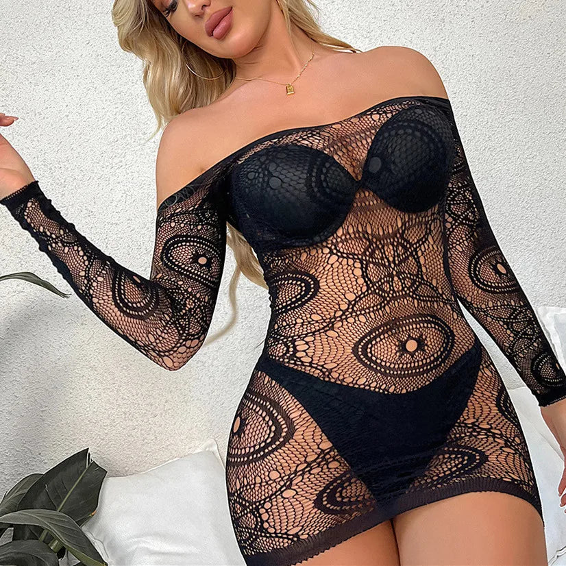 Sexy Lingerie Long Sleeve Hip Skirt Short Skirt Hollow Backless Mesh Plus Size Bodysuit Erotic Lingerie Teddies Clothes