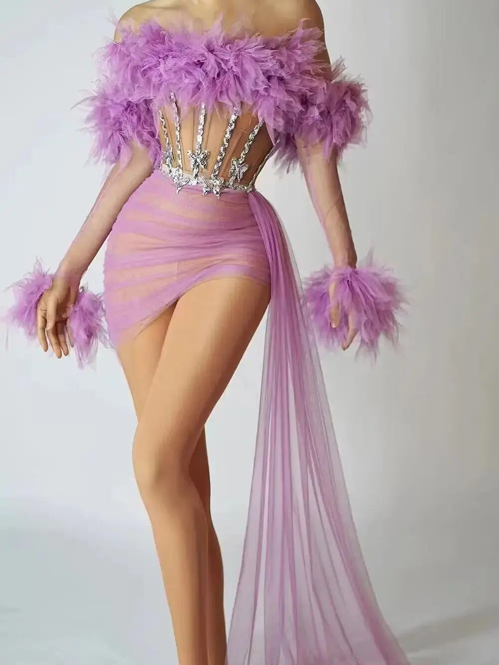 ASHBURN™ PLUME AFFAIR: Multi-Color Feathered Corset Gown with Side Drape