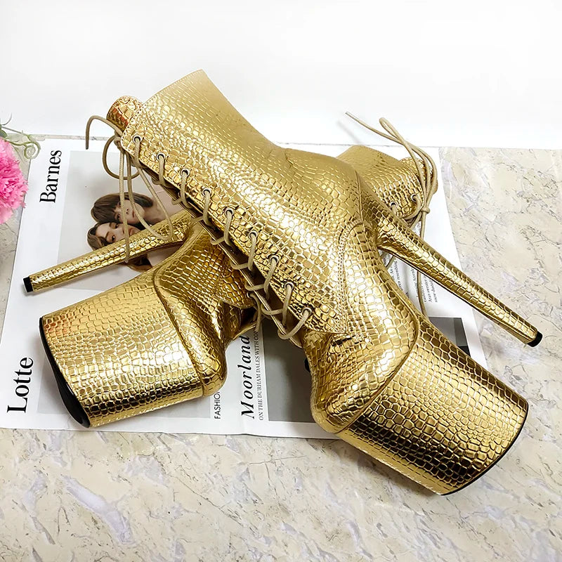 New Style Sexy Motorcycle Lace Up 20cm Gold Pole Dance Shoes Ankle Boots Platform Gladiator Nightclub 8Inches High Heels Exotic
