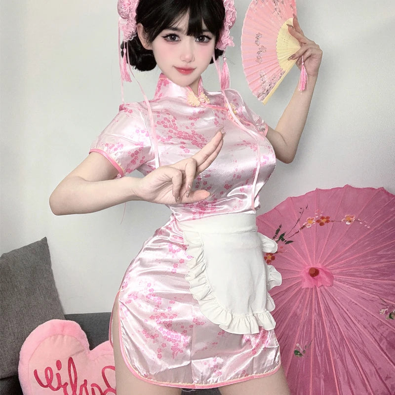 Sexy Mini High Split Cheongsam Women Vintage Button Short Sleeve Qipao Traditional Chinese Silm Dresses Cosplay Costume