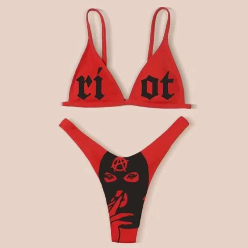 Gothic Bikini 2025 Women Letters Snake Print Bra Triangle Bottom Swimsuit Split Bathing Suit Underwear Y2K Bikinis Punk Swimwear