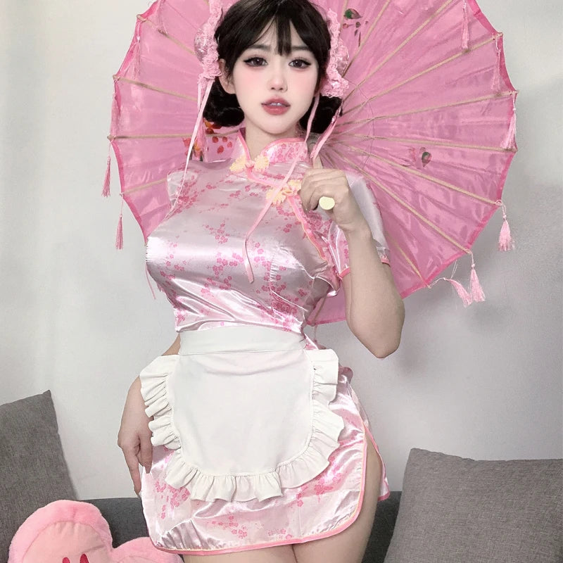 Sexy Mini High Split Cheongsam Women Vintage Button Short Sleeve Qipao Traditional Chinese Silm Dresses Cosplay Costume