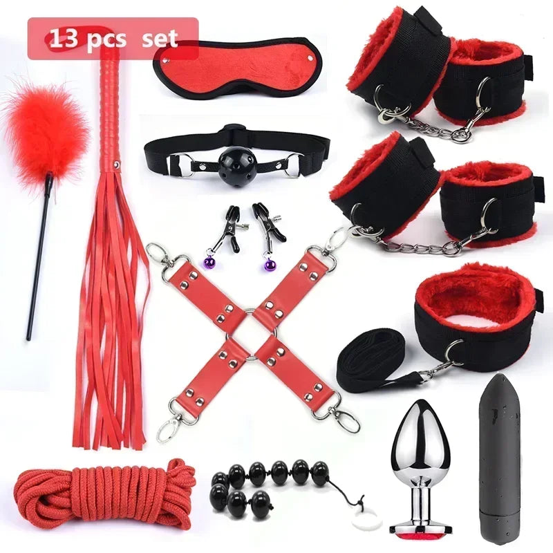 ASHBURN Bdsm 10 Speeds Vibrator Bondage Set Metal Sex Toys for Women Men Handcuffs Sex Nipple Clamps Whip Spanking Rope