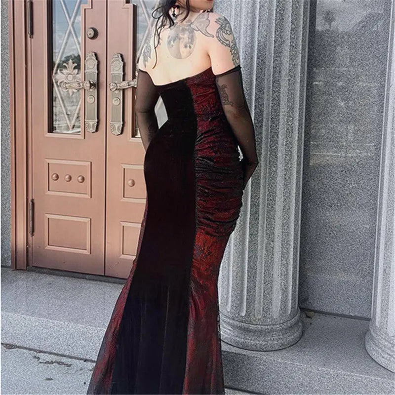 Goth Dark Ladies Elegant Fashion Tight Halter Mermaid Dresses Hotsweet Corset Mesh Maxi Dress Gothic Pleated Bodycon Party Gown