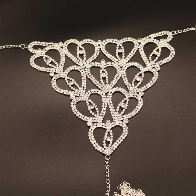 Fashion Sexy Rhinestone Heart Body Chain Harness for Women Luxury Lingerie Bling Bikini Bra and Thong Set Jewelry